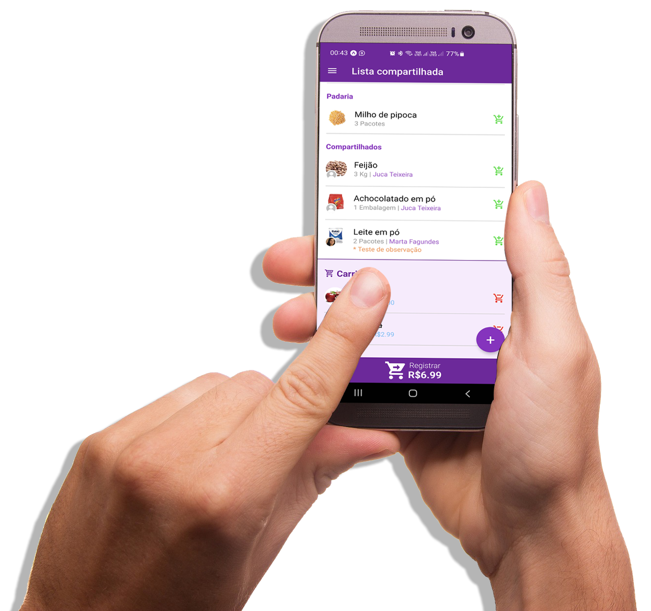 Mão segurando um celular com o app MyBuy